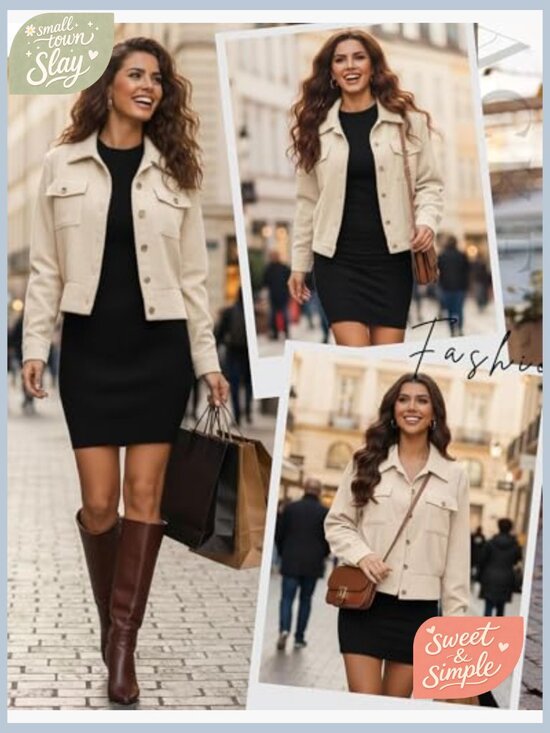 Cropped Corduroy Shacket Button Down Jacket Long Sleeve Casual Fall Winter - Picture 2 of 6